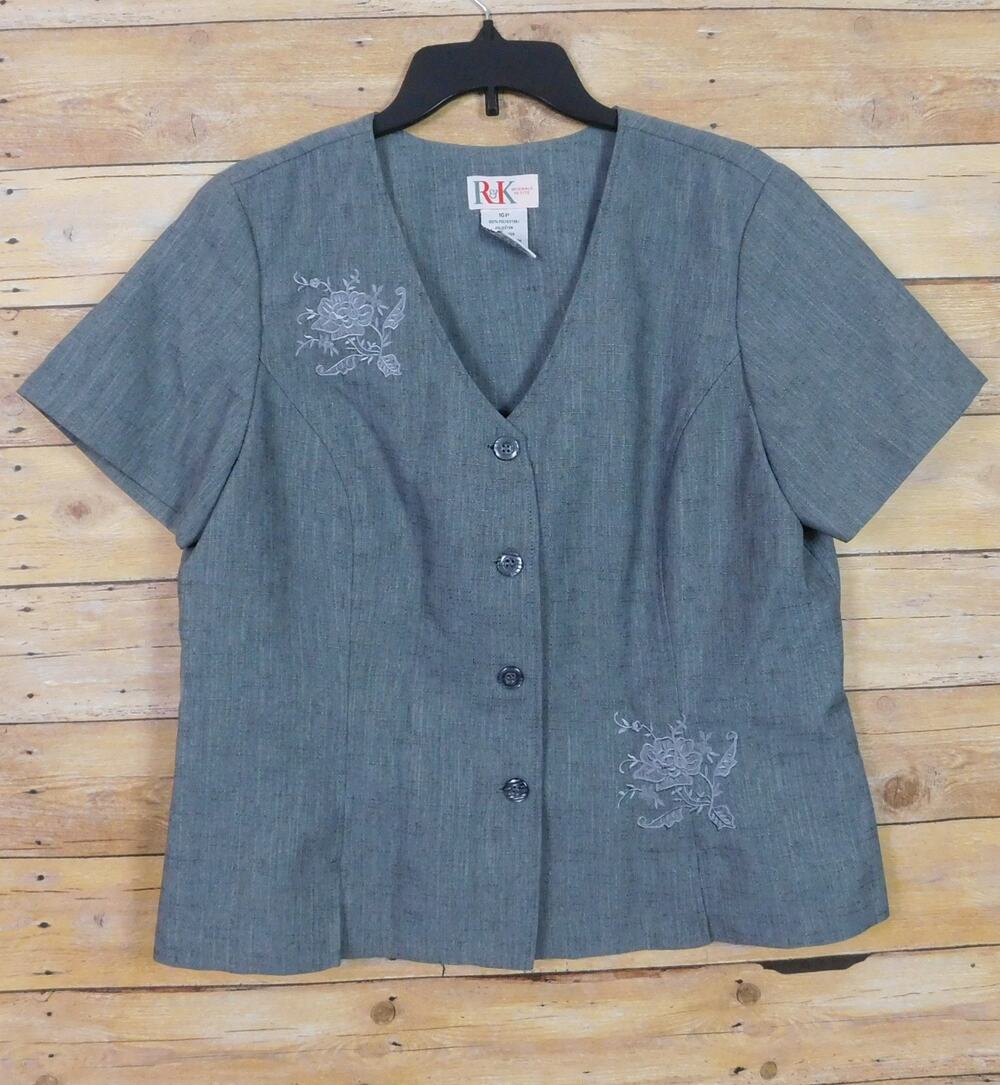 Vintage R&K Originals Women Shirt Petites 16P Gray V-Neck Embroidered Flowers